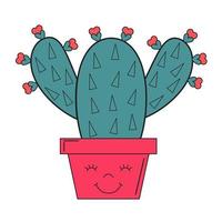 Cute cactus with flowers in shape of heart in flowerpot. Vector illustration isolated on white. For cards, posters, printing. Funny romantic succulent.