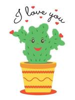 Green Cactus with red hearts in a pot with the inscription I love you Cute greeting card for Valentine's Day. Romantic concept. Vector illustration suitable for poster, flyer.