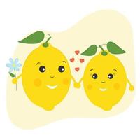Valentine's Day card, cute yellow lemons, couple in love, lovely fruits, funny cute illustration. Romantic card for Valentine's day. Lemon couple cartoon. Citrus fruits characters with funny faces. vector