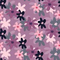 Chamomile flowers random seamless pattern. Purple background with pink, black and pastel colors botanic ornament. vector