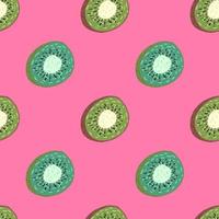 Minimalistic bright seamless pattern with doodle kiwi slice elements. Pink background. vector