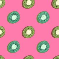 Minimalistic bright seamless pattern with doodle kiwi slice elements. Pink background. vector