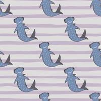 patrón transparente azul pastel con tiburones martillo azules. fondo rayado violeta pastel claro.