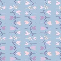 Pastel natural seamless pattern with flowers and hearts. Floral motif in pink and purple colors on soft blue background. vector