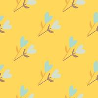 Seamless summer pattern with floristic heart twigs shapes. Yellow bright background. Naive stylized design. vector