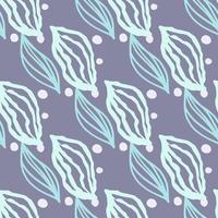 Pastel soft seamless pattern with hand drawn leaf silhouettes. Outline ornament in blue and turquoise colors on light purple background with dots. vector