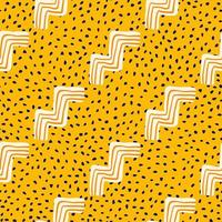 Seamless zigzag pattern in bright colors. Yellow background with dark dots and white elements with red lines. vector