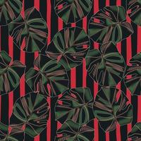 Contrast seamless pattern with green dark tones monstera leafs. Red and black striped background. Botanical print. vector