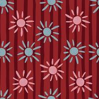 Bright seamless random pattern with pink and blue sun ornament. Red striped background. vector