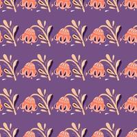 Pink folk flowers hand drawn seamless pattern in doodle style. Purple background. Simple flora artwork. vector