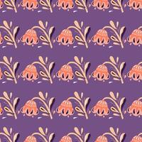 Pink folk flowers hand drawn seamless pattern in doodle style. Purple background. Simple flora artwork. vector