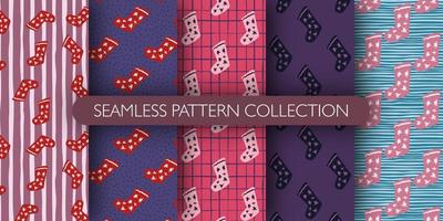 Set of simple doodle winter seamless pattern with christmas socks. New year socks ornament with stars collection. vector