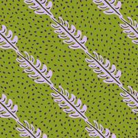 Scrapbook nature seamless pattern with light purple leaf branches ornament. Green background with dots. vector