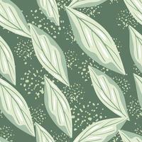 Random seamless pattern with hand drawn geometric leaf elements. Pale green background with splashes. vector