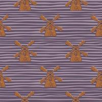 Abstract village seamless pattern with brown windmill doodle print. Purple striped background. vector