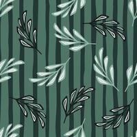 Random seamless pattern with stylized foliage branches silhouettes print. Green turquoise striped background. vector