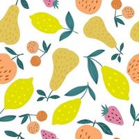 Seamless pattern with summer fruits. Cherry berries, apples, lemons, pears and leaves vector