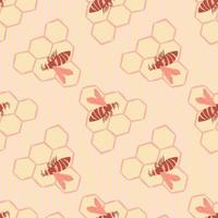 Light pastel seamless pattern with honeycombs and bees ornament. Simple print in pink palette. vector