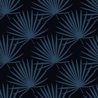 Seamless creative pattern with fan palm elements flat shapes. Navy blue tones foliage on black background. Botanic backdrop. vector