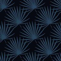 Seamless creative pattern with fan palm elements flat shapes. Navy blue tones foliage on black background. Botanic backdrop. vector