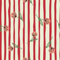 Bright seamless floral pattern with random located dandelion. White background with red strips. vector