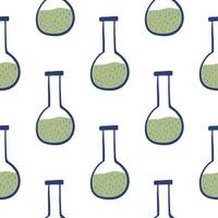 Isolated chemistry seamless doodle pattern with flask ornament. Green liquid and white background. vector