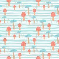 Pastel seamless pattern with mushrooms ornament. Pink and blue wild elements on light stripped background. vector