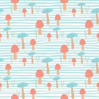 Pastel seamless pattern with mushrooms ornament. Pink and blue wild elements on light stripped background. vector