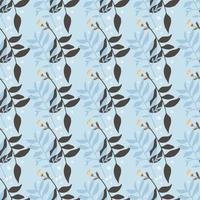 Simple botanic seamless pattern with brown and blue forest branches. Foliage silhouettes on sky blue color background. vector