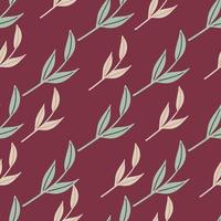 Blue and grey nordic leaves twig seamless pattern in doodle style. Maroon background. Decorative floral print. vector