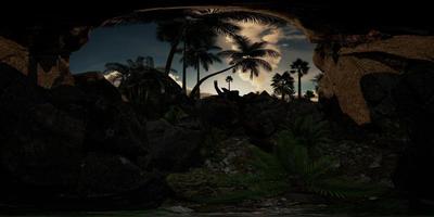 vr 360 camera inside tropical cave in jungle with palms and sun light. VR photo