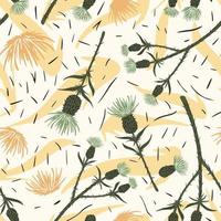 Seamless pattern thistle on yellow background. Beautiful hand drawn burdock for design fabric. vector