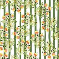 Vintage summer seamless pattern with orange folk flowers bouquet print. Striped green and white background. vector