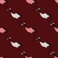 Seamless pattern in minimalistic style with doodle crane bird slhouettes ornament. Maroon background. vector