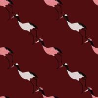 Seamless pattern in minimalistic style with doodle crane bird slhouettes ornament. Maroon background. vector