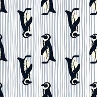 Wildlife seamless pattern with cartoon animal penguin print. White and blue striped background. vector