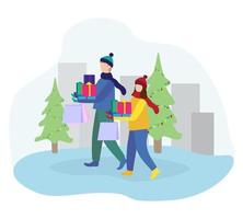 felices vacaciones de navidad. gente de invierno caminando en la ciudad con compras. regalos de Navidad. vector