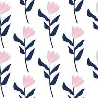 Isolated seamless pattern with flower simple silhouettes. Pink buds and navy blue stems. Simple floral print. vector