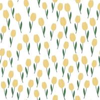 pequeñas flores de tulipán al azar aisladas de patrones sin fisuras. capullos de naranja con tallos verdes sobre fondo blanco. vector