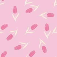 Seamless random pattern with hand drawn tulip elements. Pink flower buds with white stems. Light pink background. vector