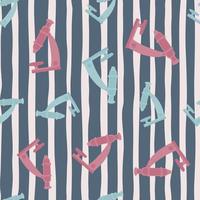 Random microscope shapes seamless hand drawn pattern. Science lab pink and blue equipment on grey striped background. vector