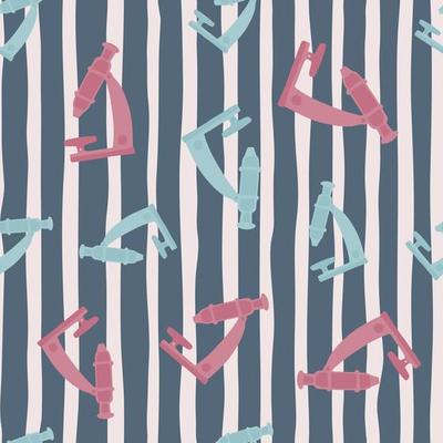 Random microscope shapes seamless hand drawn pattern. Science lab pink and blue equipment on grey striped background.