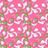 Green and white random contoured abstract fruits seamless pattern. Pink background. Banana, apple, pear and plum print. vector