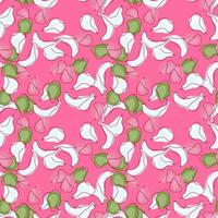 Green and white random contoured abstract fruits seamless pattern. Pink background. Banana, apple, pear and plum print. vector