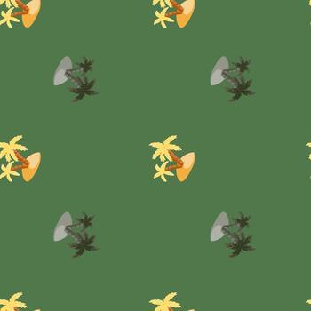 Decorative seamless hawaii pattern with doodle island and palm tree print. Green pale background. Simple style. vector