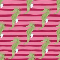 Abstract doodle seamless pattern with green seahorse hand drawn print. Bright pink striped background. vector