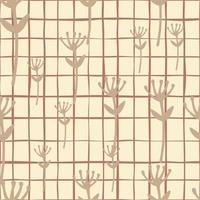 Random autumn seamless nature pattern with hand drawn floral silhouetttes. Beige background with check. vector