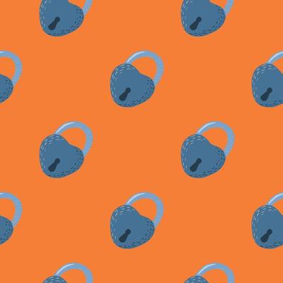 Blue colored lock door silhouettes seamless pattern. Orange background. Victorian contrast vintage print.