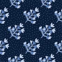 Seamless floral drk pattern with abstract botanic shapes. Navy blue background with dots and light blue brach elements. vector