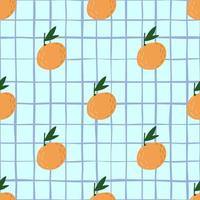 Stylized cartoon seamless pattern with doodle orange mandarin silhouettes. Light blue chequered background. Simple food backdrop. vector